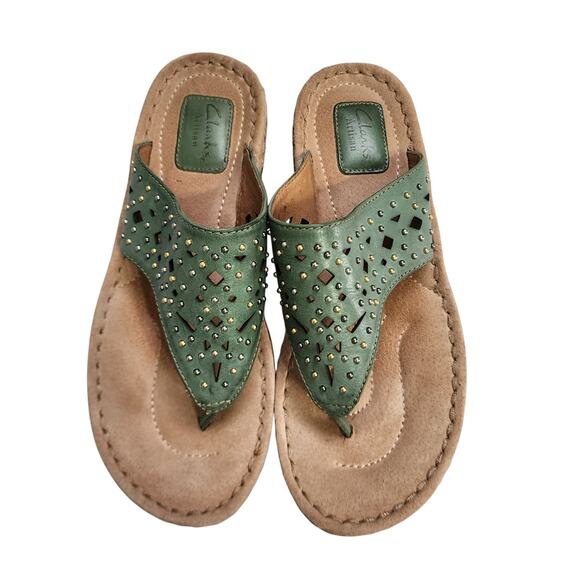 Clarks Artisan Womens Amaya Trong Leather Embellished Sandals Size 9 Green - Picture 2 of 9